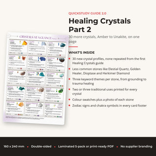 What's inside the Healing Crystals Part 2 QuickStudy Guide: 30 more crystals, Amber to Unakite, on one page