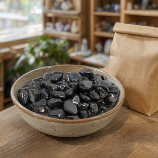 Hematite Tumbled Stones - Mini in a ceramic bowl on a shop counter