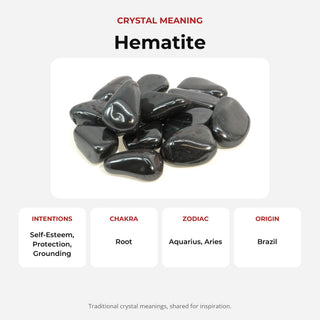 Hematite Tumbled Stones crystal meaning: intentions, chakras, zodiac and origin