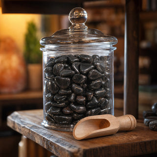 Hematite Tumbled Stones - Tiny in a glass apothecary jar with a scoop