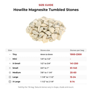 Howlite Magnesite Tumbled Stones size guide: stone size and number of stones per bag