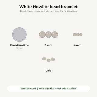 White Howlite bead bracelet bead sizes shown to scale next to a Canadian dime