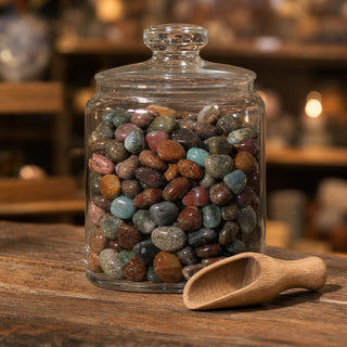 India Agate Tumbled Stones in a glass apothecary jar with a scoop