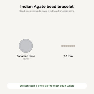 Indian Agate bead bracelet bead sizes shown to scale next to a Canadian dime
