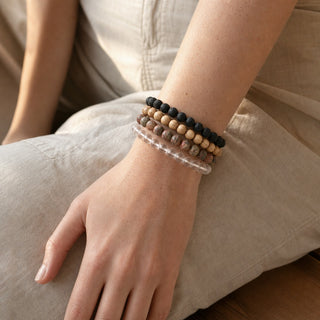 Leopardskin Jasper bead bracelet stacked with other bead bracelets on the wrist