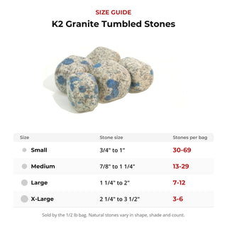 K2 Granite Tumbled Stones size guide: stone size and number of stones per bag
