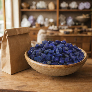 Lapis Lazuli E Tumbled Stones - Mini in a ceramic bowl on a shop counter