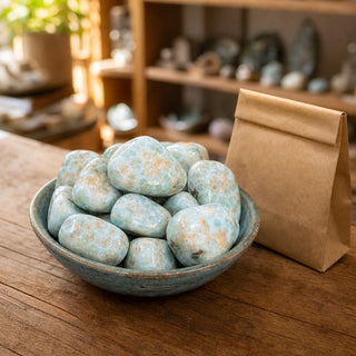 Larimar Tumbled Semi-Polished #1 - 3 Pack in a ceramic bowl on a shop counter
