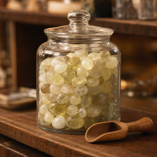 Lemon Quartz Tumbled in a glass apothecary jar with a scoop