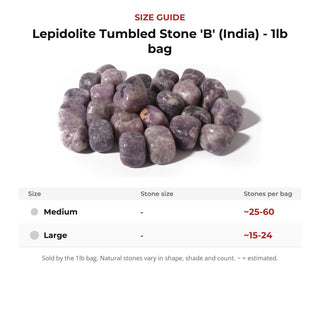 Lepidolite Tumbled Stone 'B' (India) - 1lb bag size guide: stone size and number of stones per bag