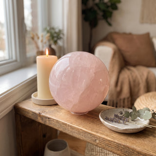 Rose Quartz Sphere Unique #33 - 3 5/8" displayed on a wooden home altar shelf beside a candle, shown at true size in warm natural light.