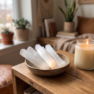 Selenite Sticks 5 Pack displayed in a ceramic dish on a warm wooden altar shelf, shown at true size in natural light.