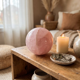 Rose Quartz Sphere Unique #37 - 3 5/8" displayed on a wooden home altar shelf beside a candle, shown at true size in warm natural light.