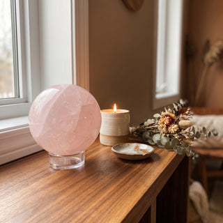 Rose Quartz Sphere Unique #34 - 3 5/8" displayed on a wooden home altar shelf beside a candle, shown at true size in warm natural light.