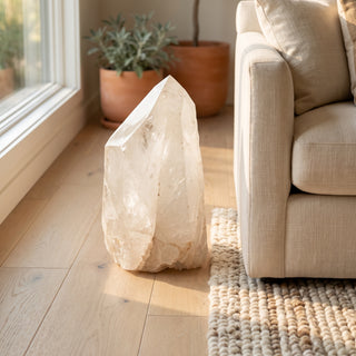 Clear Quartz Point, Rough Base - Unique #1(260kg) displayed in a warm modern home