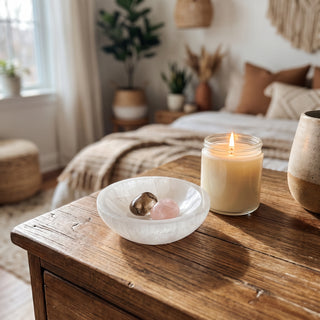 Selenite Bowl - Round 4" displayed in a warm natural home setting, shown at true size.