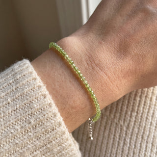 Peridot Bracelet - 2-3mm worn in natural light, showing the piece at true scale on the wrist.