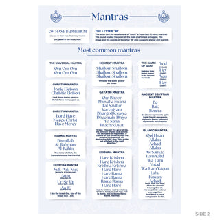 Mantras guide back: Om Mane Padme Hum and common mantras including Gayatri, Krishna, Christian and Islamic