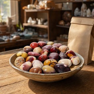 Mookaite Jasper A Tumbled Stones in a ceramic bowl on a shop counter