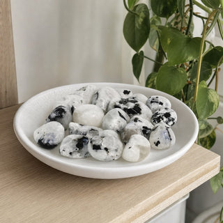 Rainbow Moonstone Tumbled Stones - India in a stoneware dish on a shop shelf