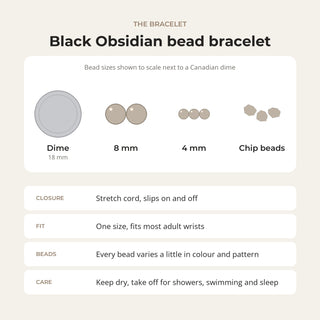 Black Obsidian bead bracelet card: bead sizes shown next to a Canadian dime, closure, fit and care