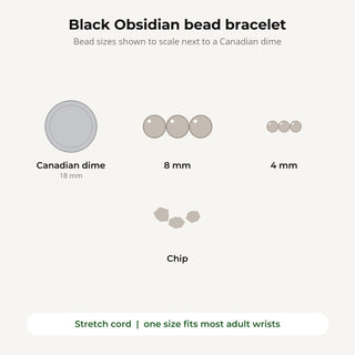 Black Obsidian bead bracelet bead sizes shown to scale next to a Canadian dime