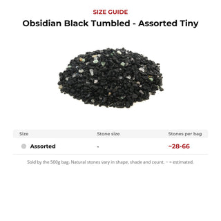 Obsidian Black Tumbled - Assorted Tiny size guide: stone size and number of stones per bag