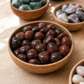 Obsidian Mahogany Tumbled Stones in a wooden bowl on a boutique display table