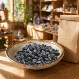 Obsidian Snowflake Tumbled Stones in a ceramic bowl on a shop counter