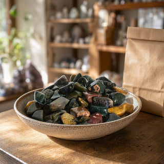 Ocean Jasper Tumbled Stones in a ceramic bowl on a shop counter