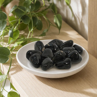 Black Onyx Tumbled Stones - Brazil in a stoneware dish on a shop shelf