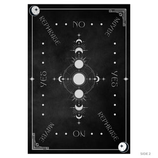 Pendulum dowsing chart on black with Yes, No, Maybe and Rephrase around a central moon-phase design