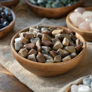 Petrified Wood Tumbled Stones - Madagascar in a wooden bowl on a boutique display table
