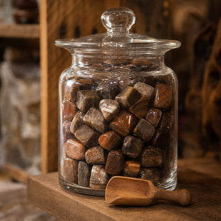 Agatized Wood Tumbled Stones (Petrified Woods) in a glass apothecary jar with a scoop