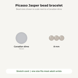 Picasso Jasper bead bracelet bead sizes shown to scale next to a Canadian dime