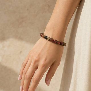 Picasso Jasper bead bracelet worn on the wrist, close-up