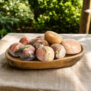 Pink Opal B Tumbled Stones in a wooden tray at a market stall