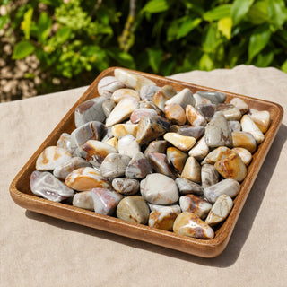 Polychrome Jasper Tumbled Stones in a wooden tray at a market stall