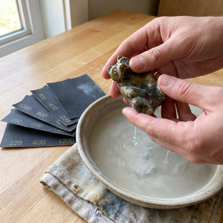 Starter Carving Kit - wet-sanding a soapstone carving