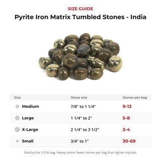 Pyrite Iron Matrix Tumbled Stones - India size guide: stone size and number of stones per bag