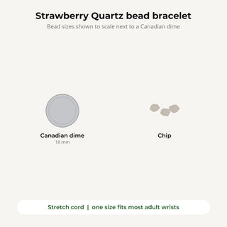 Strawberry Quartz bead bracelet bead sizes shown to scale next to a Canadian dime