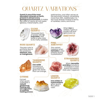 Quartz Variations side 1: clear, amethyst, rose, pink amethyst, strawberry, tangerine, citrine, lemon quartz