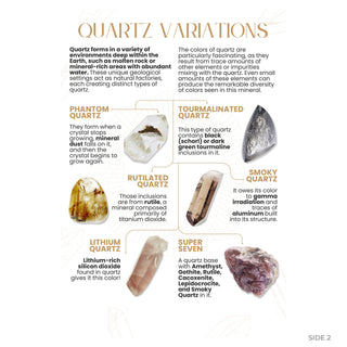 Quartz Variations side 2: phantom, tourmalinated, rutilated, smoky, lithium and super seven quartz