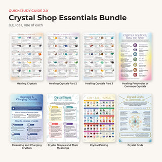 Every guide in the Crystal Shop Essentials bundle: Healing Crystals, Healing Crystals Part 2, Healing Crystals Part 3, Healing Properties of Common Crystals, Cleansing and Charging Crystals, Crystal Shapes and Their Meanings, Crystal Pairing, Crystal Grids