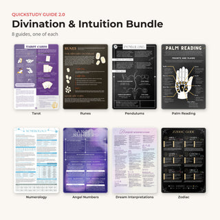 Every guide in the Divination & Intuition bundle: Tarot, Runes, Pendulums, Palm Reading, Numerology, Angel Numbers, Dream Interpretations, Zodiac