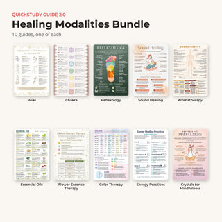 Every guide in the Healing Modalities bundle: Reiki, Chakra, Reflexology, Sound Healing, Aromatherapy, Essential Oils, Flower Essence Therapy, Color Therapy, Energy Practices, Crystals for Mindfulness