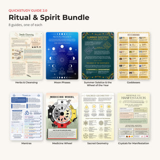 Every guide in the Ritual & Spirit bundle: Herbs & Cleansing, Moon Phases, Summer Solstice & the Wheel of the Year, Goddesses, Mantras, Medicine Wheel, Sacred Geometry, Crystals for Manifestation