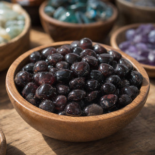 Red Garnet A Tumbled Stones in a wooden bowl on a boutique display table