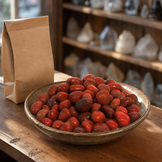 Red Jasper Tumbled Stones - India in a ceramic bowl on a shop counter