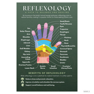 Reflexology guide back: colour-coded hand reflex map with labelled zones and benefits of reflexology